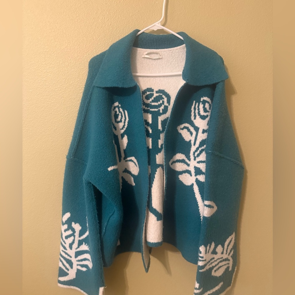 Teal Floral Open-Front Cardigan Sweater - Brand - Picture 3 of 11